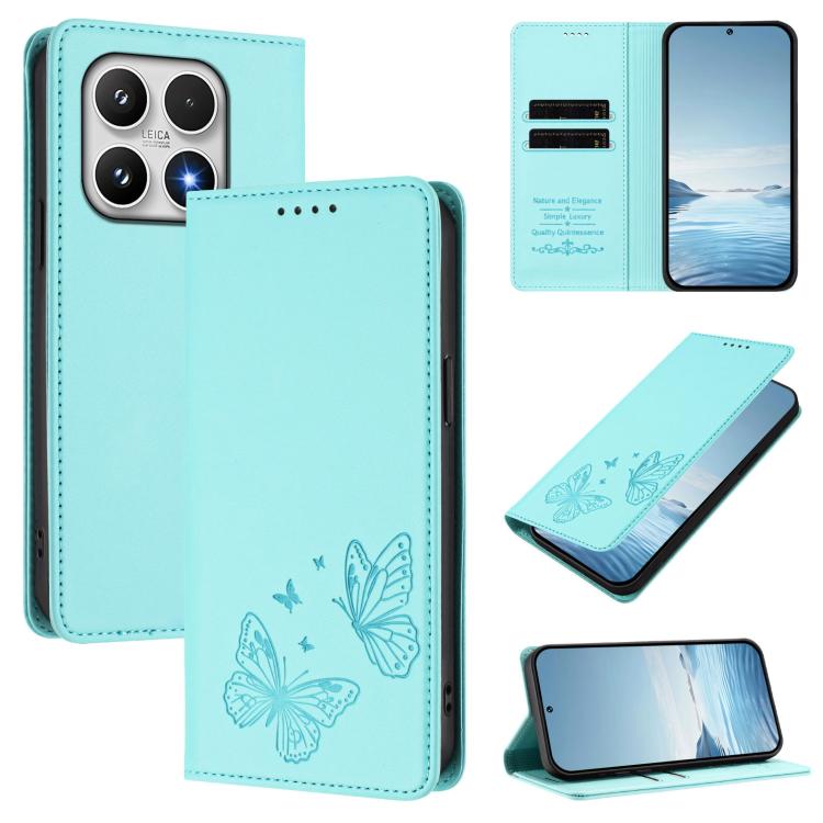 For Xiaomi 17 Strong Magnetic Dual Butterfly RFID Vegan Leather Phone Case(Mint Green)