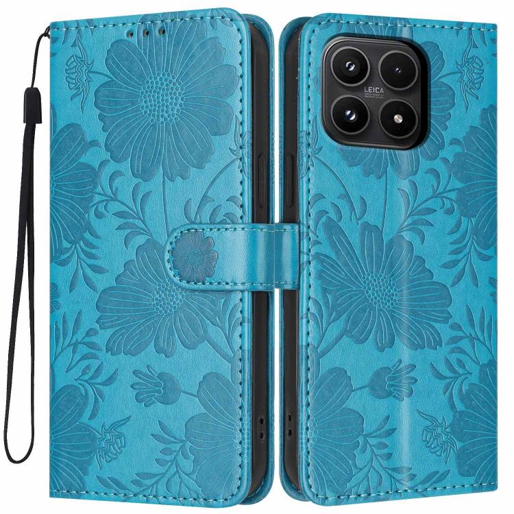For Xiaomi 17 Sunflower Embossed Vegan Leather Phone Case with Small Black Rope(Blue)