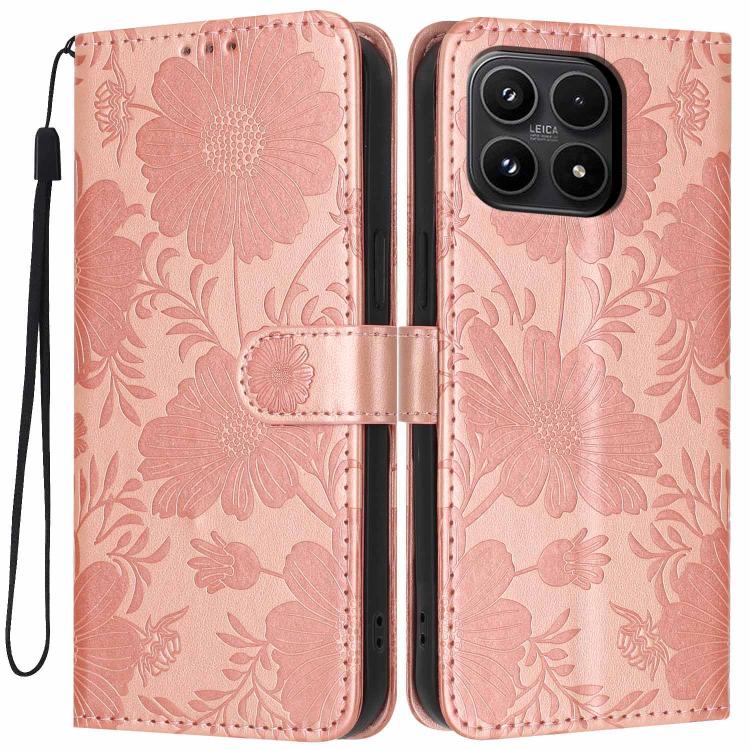 For Xiaomi 17 Sunflower Embossed Vegan Leather Phone Case with Small Black Rope(Rose Gold)