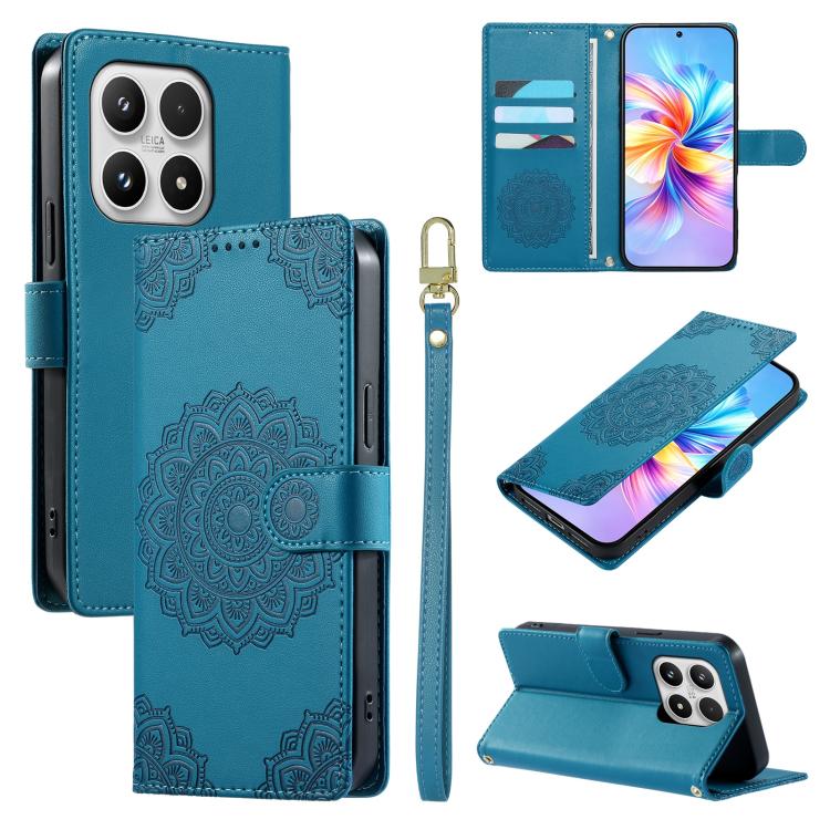 For Xiaomi 17 Totem Embossed Magnetic Closure Vegan Leather Phone Case with Strap(Blue)