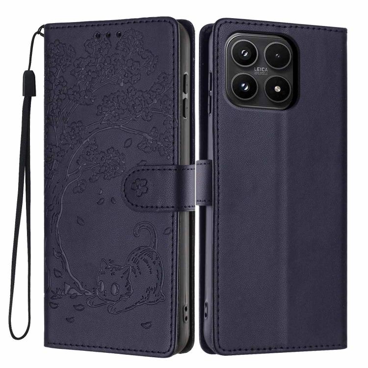 For Xiaomi 17 Tree Cat Embossed Flip Vegan Leather Phone Case(Dark Blue)