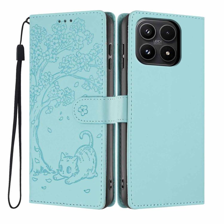 For Xiaomi 17 Tree Cat Embossed Flip Vegan Leather Phone Case(Light Green)