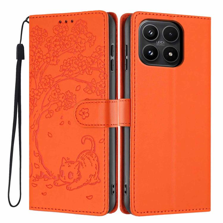 For Xiaomi 17 Tree Cat Embossed Flip Vegan Leather Phone Case(Orange)