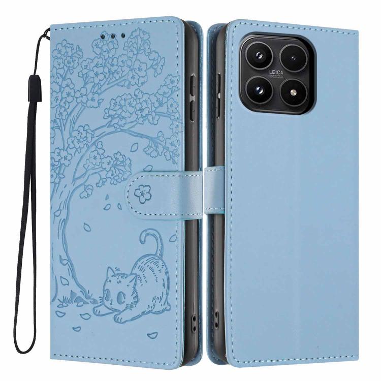 For Xiaomi 17 Tree Cat Embossed Flip Vegan Leather Phone Case(Sky Blue)