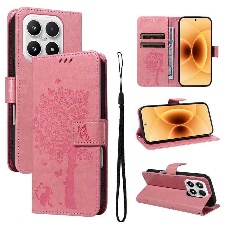 For Xiaomi 17 Tree & Cat Embossed Pattern Flip Leather Phone Case(Pink)