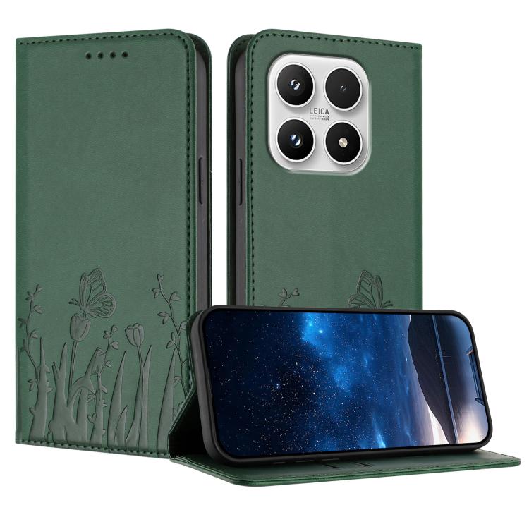 For Xiaomi 17 Tulips Butterfly Pattern Magnetic Vegan Leather Phone Case(Dark Green)