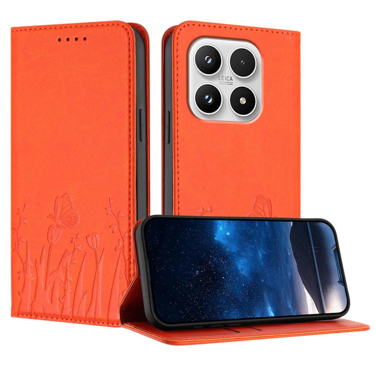 For Xiaomi 17 Tulips Butterfly Pattern Magnetic Vegan Leather Phone Case(Orange)