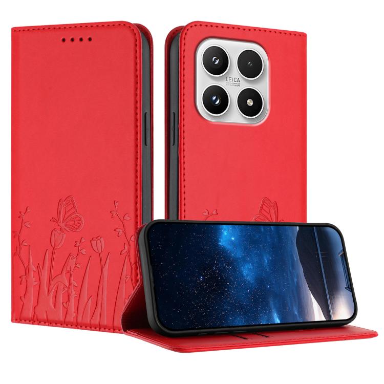 For Xiaomi 17 Tulips Butterfly Pattern Magnetic Vegan Leather Phone Case(Red)