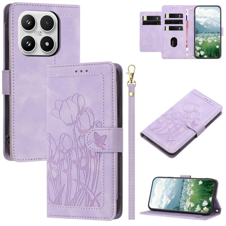 For Xiaomi 17 Tulips Embossed Leather Phone Case with Lanyard(Purple)