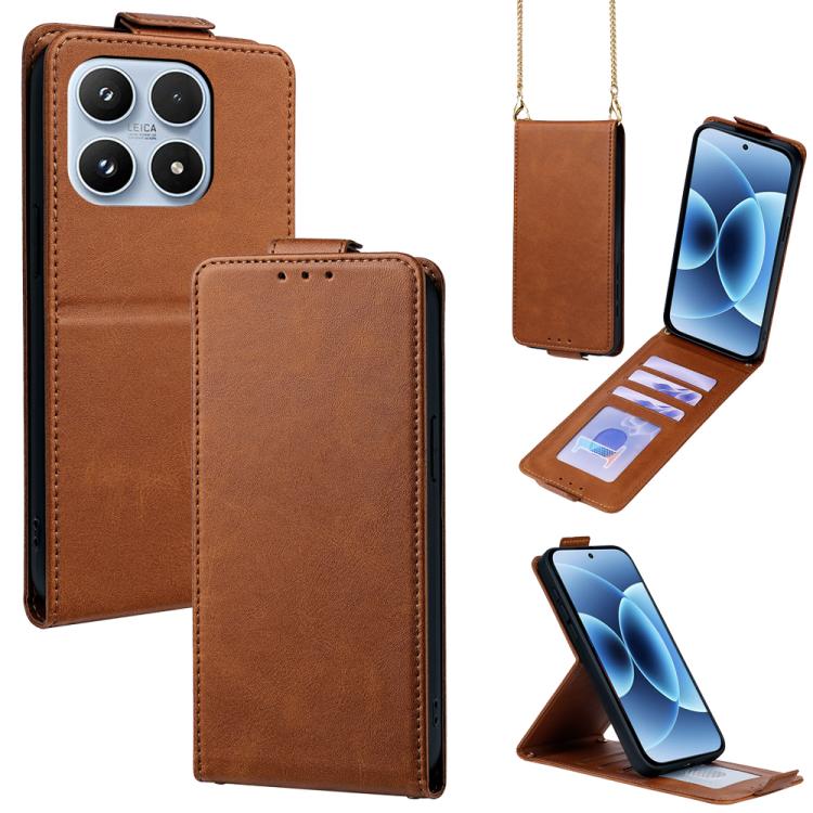 For Xiaomi 17 Vertical Flip Cover Solid Color Vegan Leather Phone Case with Crossbody Chain(Brown)