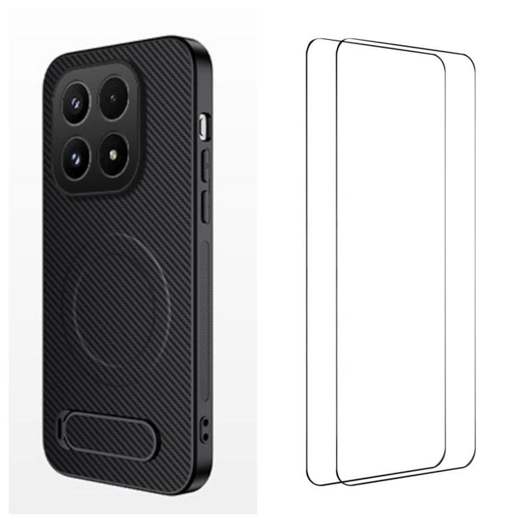 For Xiaomi 17 WANLONFENG Kickstand Carbon Fiber Texture Magnetic Phone Case with 2pcs Screen Films(Black)
