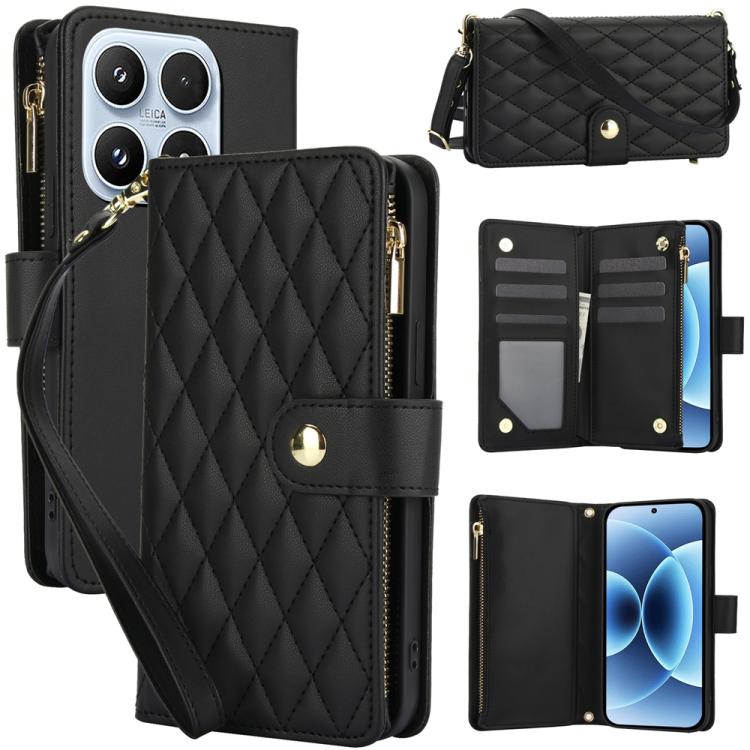 For Xiaomi 17 YM016 Rhombic Zipper Card Wallet Leather Phone Case with Lanyard(Black)