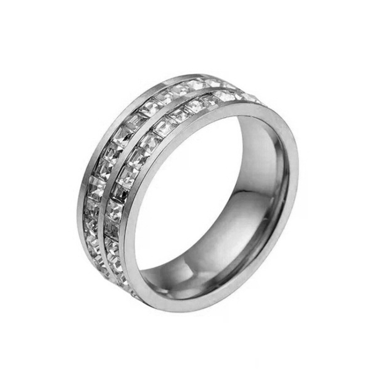Girls Simple Titanium Steel Diamond Ring, Size: US Size 7(Double Row Silver)