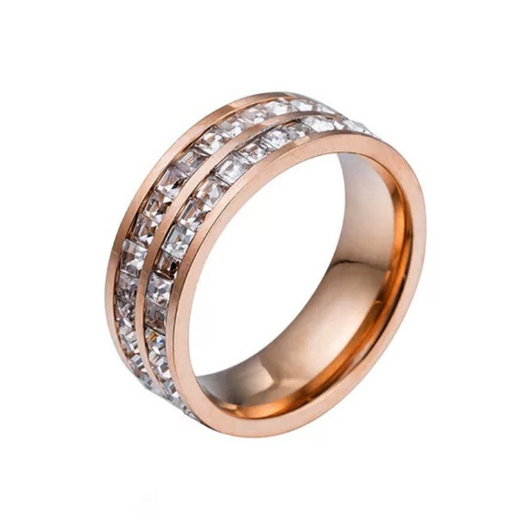 Girls Simple Titanium Steel Diamond Ring, Size: US Size 8(Double Row Rose Gold)