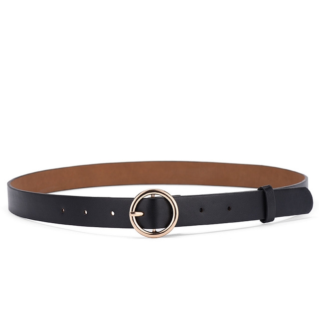 Gold Ring Belt Female PU Leather Waist Belts Jeans Pants(Black)