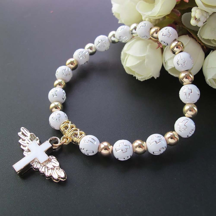 Gold Stamped Acrylic Angel Cross Bead Bracelet, Color: White