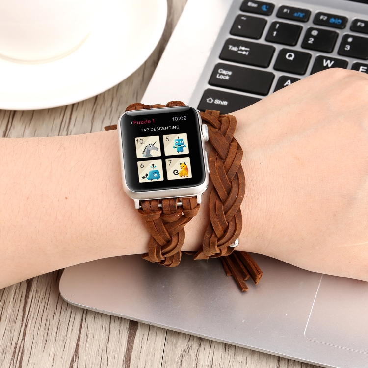 Hand-woven Leather Watch Band For Apple Watch Series 9&8&7 41mm / SE 3&SE 2&6&SE&5&4 40mm / 3&2&1 38mm(Dark Brown)