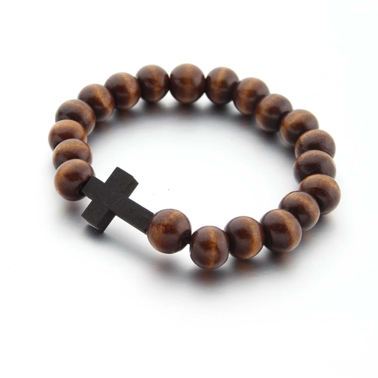 Handmade Round Wood Bead Cross Pendant Bracelet(Brown)