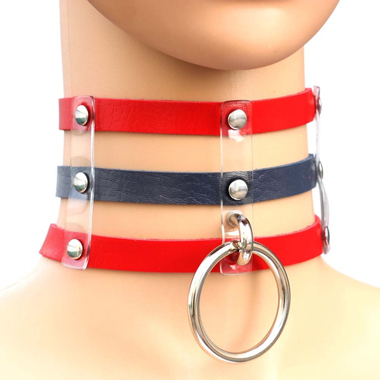 Harajuku Fashion Punk Gothic Rivets Collar Hand 3-rows Caged Leather Collar Necklace(Red+Dark Blue+Red)