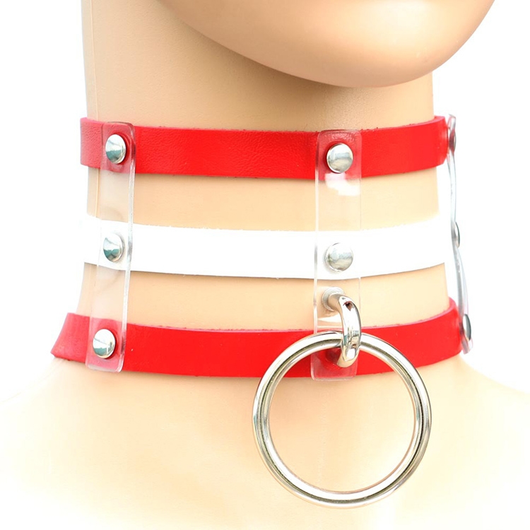 Harajuku Fashion Punk Gothic Rivets Collar Hand 3-rows Caged Leather Collar Necklace(Red+White+Red)