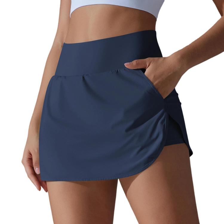 High-Waisted Form-Fitting Two-Piece Style Tennis Skirt With Back Pockets, Size: L(Navy Blue)