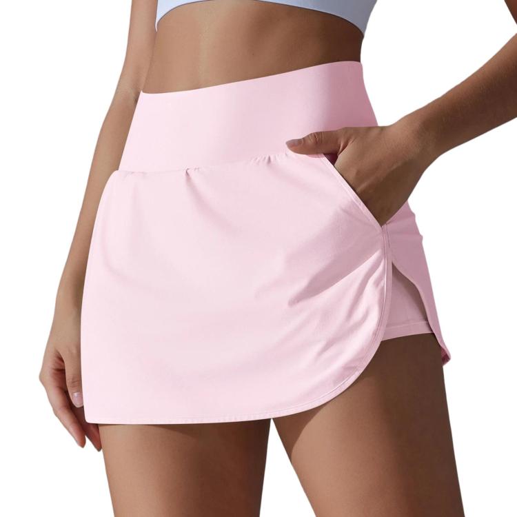 High-Waisted Form-Fitting Two-Piece Style Tennis Skirt With Back Pockets, Size: L(Rose Pink)