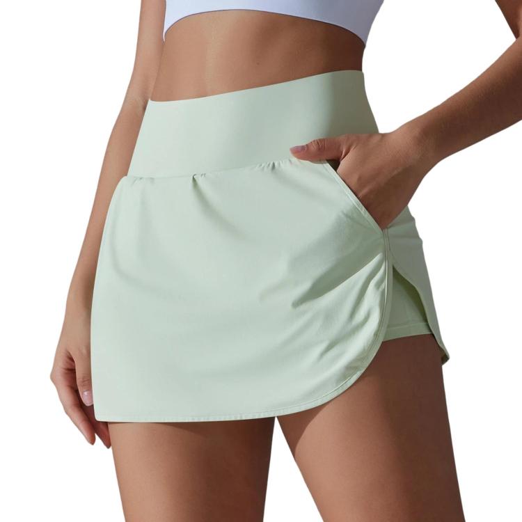 High-Waisted Form-Fitting Two-Piece Style Tennis Skirt With Back Pockets, Size: M(Light Milk Green)