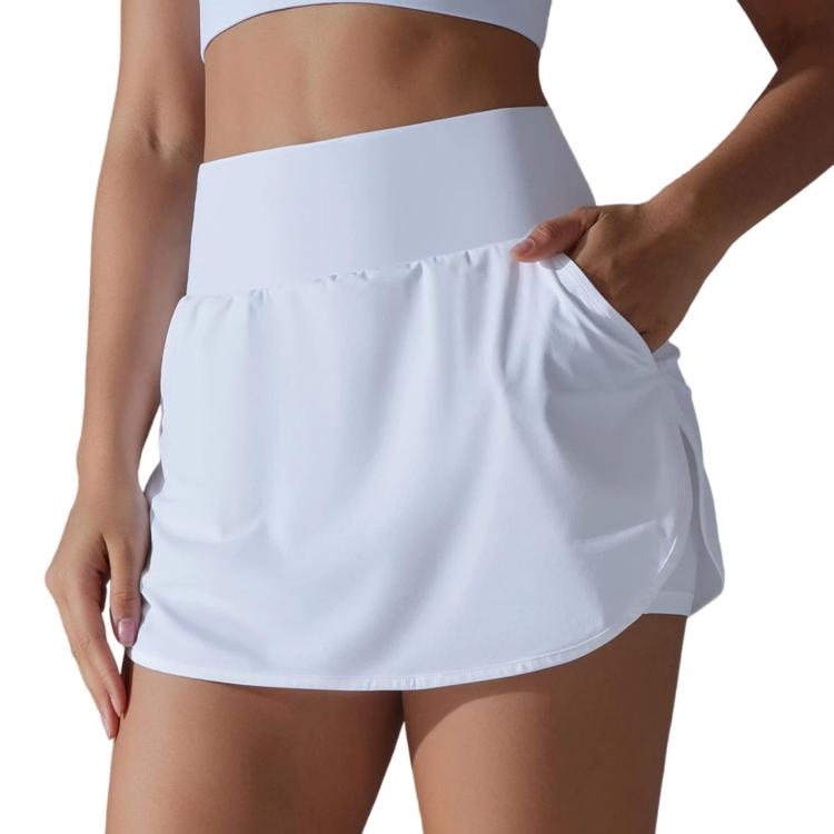 High-Waisted Form-Fitting Two-Piece Style Tennis Skirt With Back Pockets, Size: M(White)
