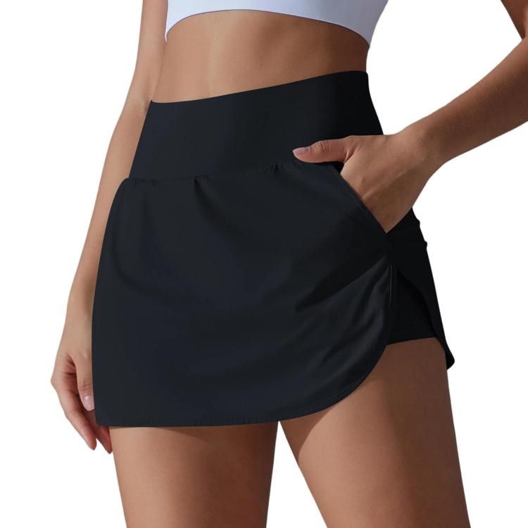High-Waisted Form-Fitting Two-Piece Style Tennis Skirt With Back Pockets, Size: S(Black)