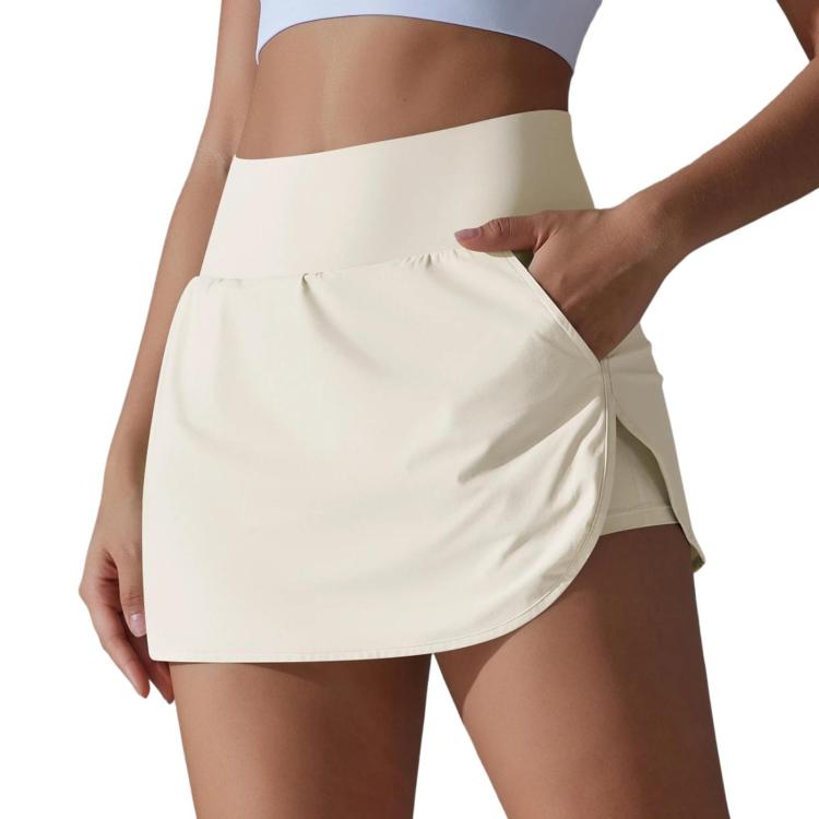 High-Waisted Form-Fitting Two-Piece Style Tennis Skirt With Back Pockets, Size: S(Light Ivory)
