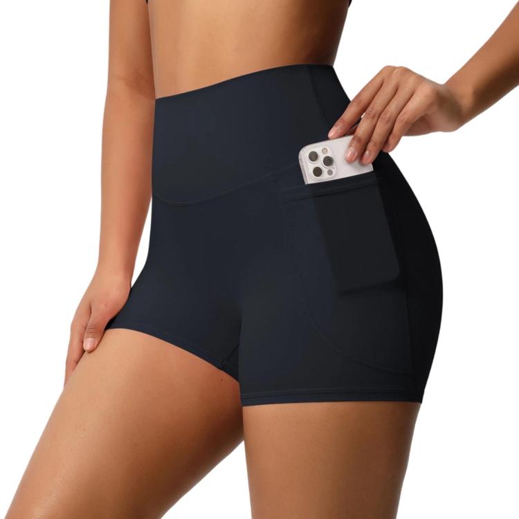 High-waisted Tight-fitting Yoga Shorts Three-quarter Length With Pockets, Size: L(Black)