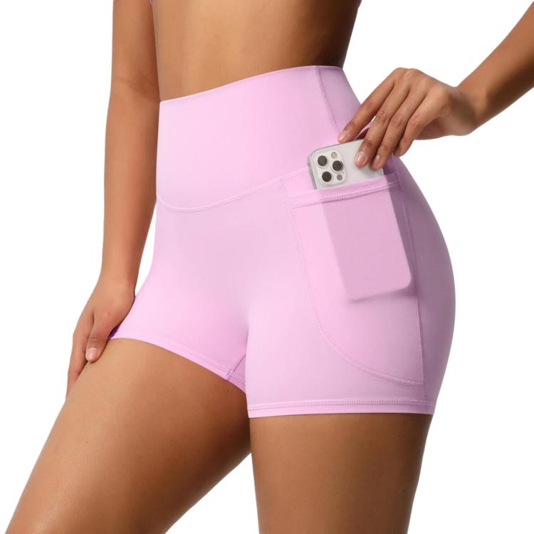 High-waisted Tight-fitting Yoga Shorts Three-quarter Length With Pockets, Size: L(Cherry Blossom Pink)