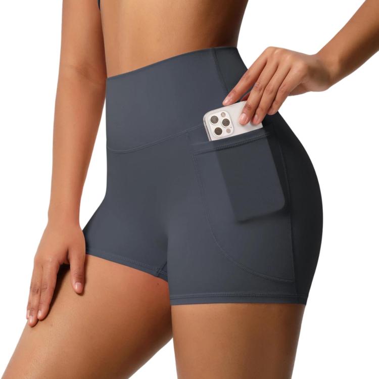 High-waisted Tight-fitting Yoga Shorts Three-quarter Length With Pockets, Size: L(Graphite Gray)