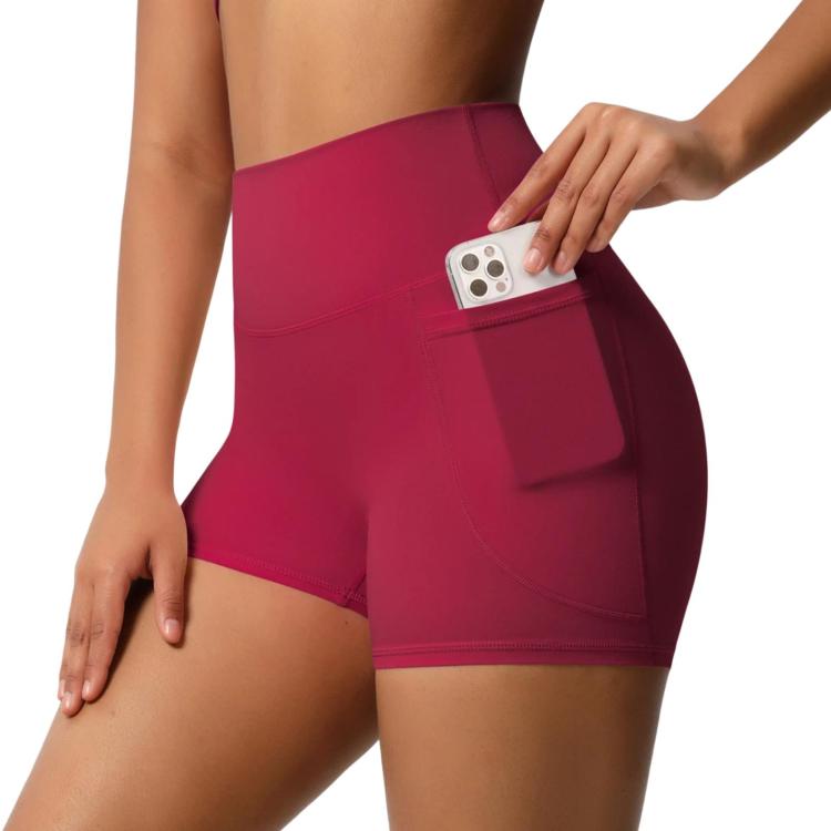 High-waisted Tight-fitting Yoga Shorts Three-quarter Length With Pockets, Size: M(Carmine Red)