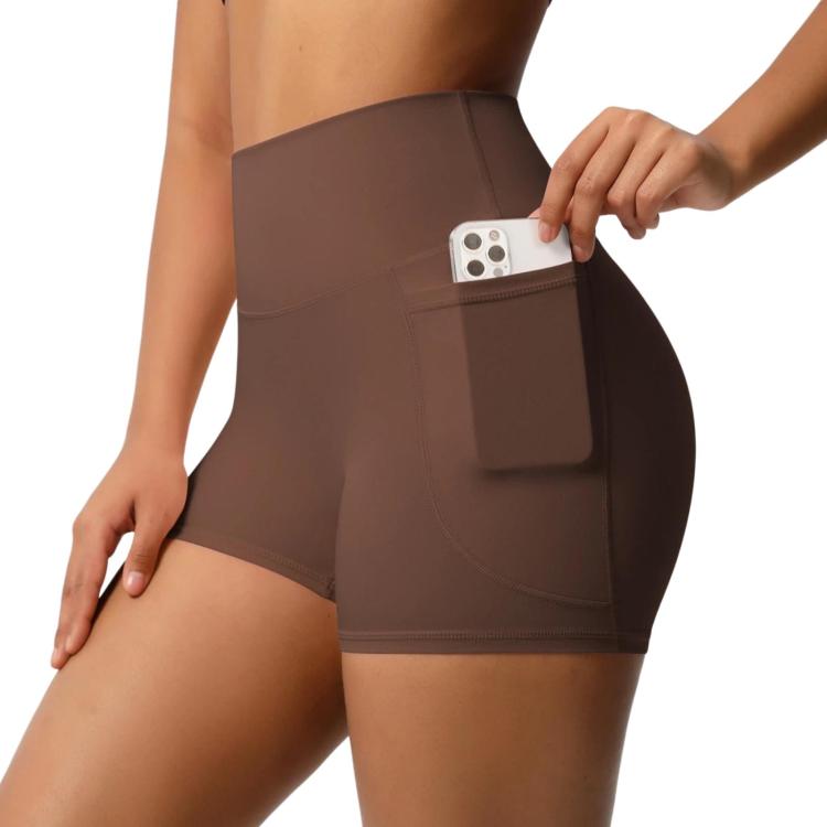 High-waisted Tight-fitting Yoga Shorts Three-quarter Length With Pockets, Size: M(Chestnut)