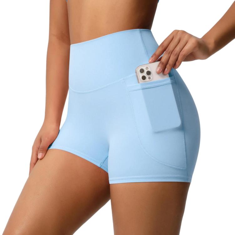 High-waisted Tight-fitting Yoga Shorts Three-quarter Length With Pockets, Size: M(Sky Blue)