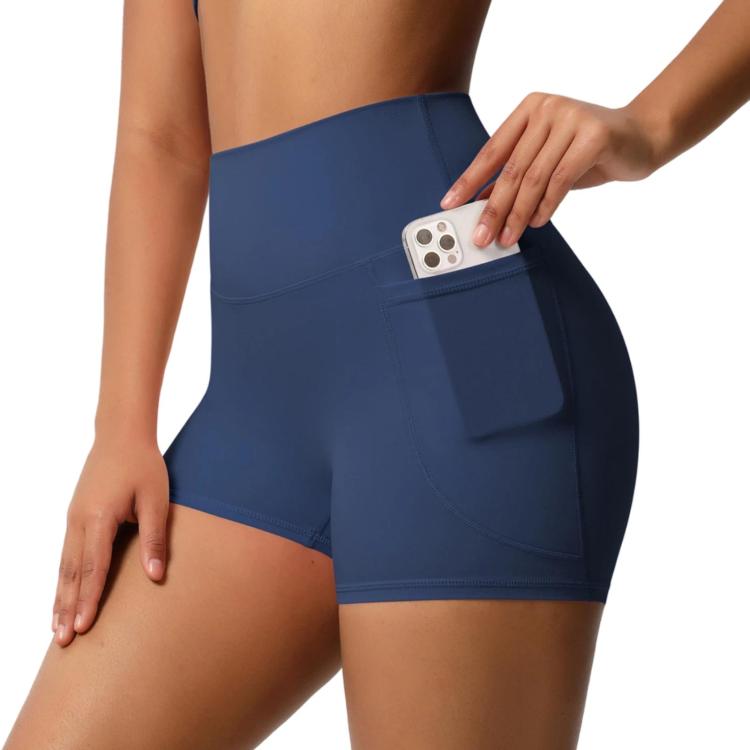 High-waisted Tight-fitting Yoga Shorts Three-quarter Length With Pockets, Size: S(Baguette Blue)