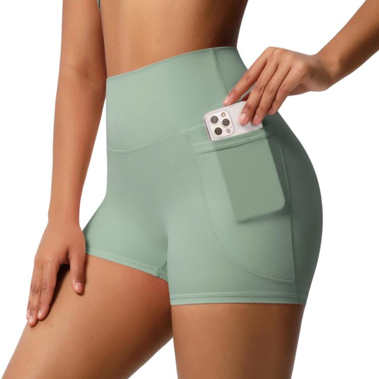 High-waisted Tight-fitting Yoga Shorts Three-quarter Length With Pockets, Size: S(Basil Green)