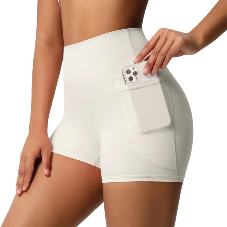 High-waisted Tight-fitting Yoga Shorts Three-quarter Length With Pockets, Size: S(Light Ivory)