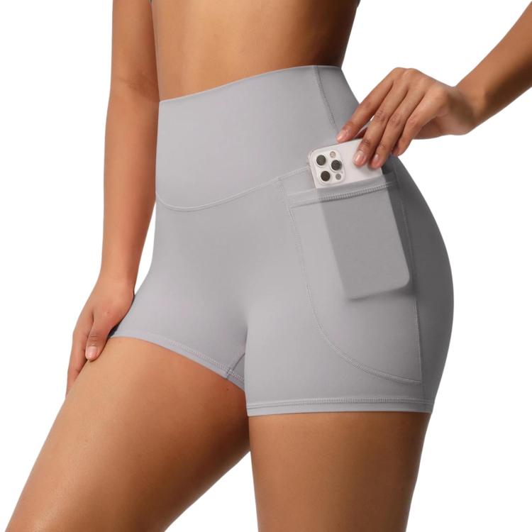 High-waisted Tight-fitting Yoga Shorts Three-quarter Length With Pockets, Size: XL(Frost Gray)
