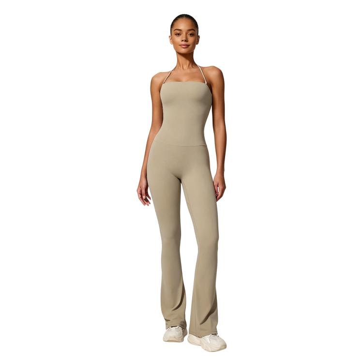 Hip-Lift Halter One-Piece Yoga Jumpsuit, Women Casual Flared Fitness Yoga Outfit, Size: L(Beige)