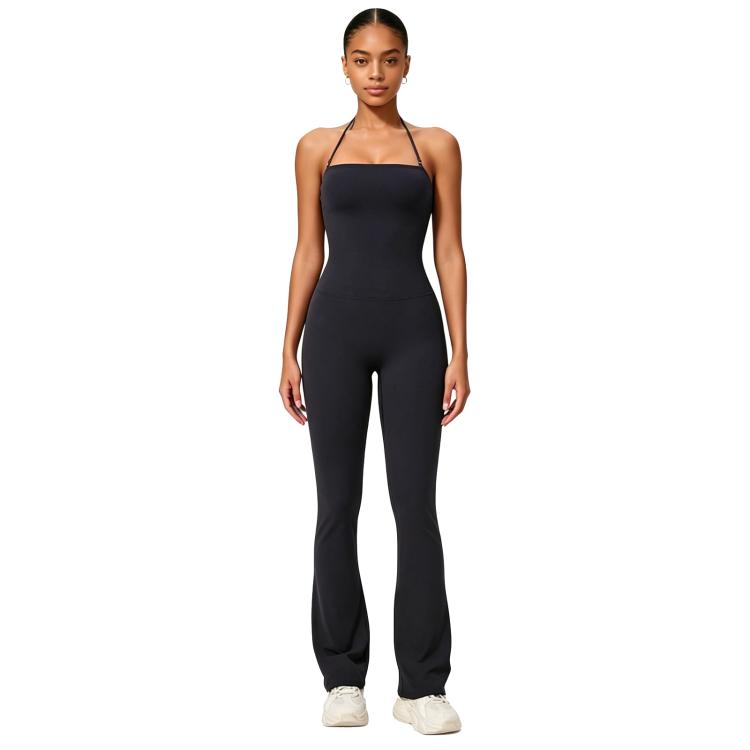 Hip-Lift Halter One-Piece Yoga Jumpsuit, Women Casual Flared Fitness Yoga Outfit, Size: L(Black)