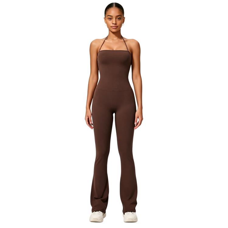 Hip-Lift Halter One-Piece Yoga Jumpsuit, Women Casual Flared Fitness Yoga Outfit, Size: L(Coffee)