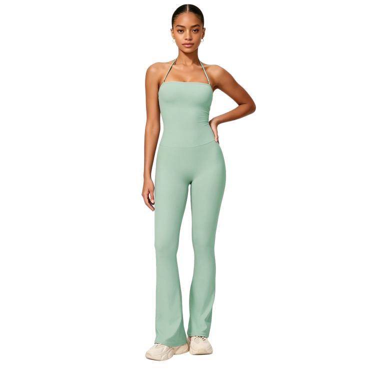 Hip-Lift Halter One-Piece Yoga Jumpsuit, Women Casual Flared Fitness Yoga Outfit, Size: M(Green)