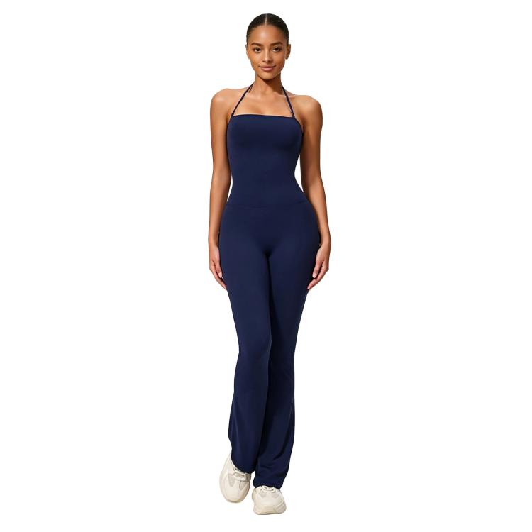 Hip-Lift Halter One-Piece Yoga Jumpsuit, Women Casual Flared Fitness Yoga Outfit, Size: XL(Dark Blue)