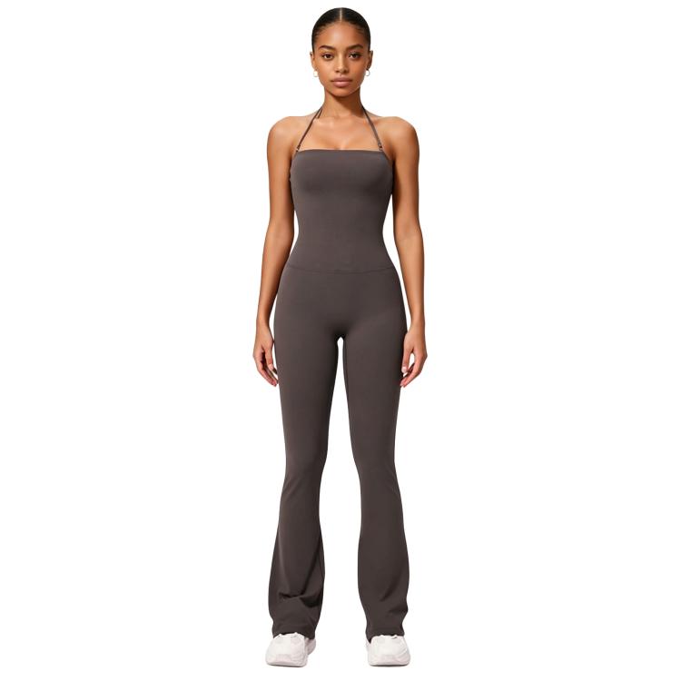 Hip-Lift Halter One-Piece Yoga Jumpsuit, Women Casual Flared Fitness Yoga Outfit, Size: XL(Grey)