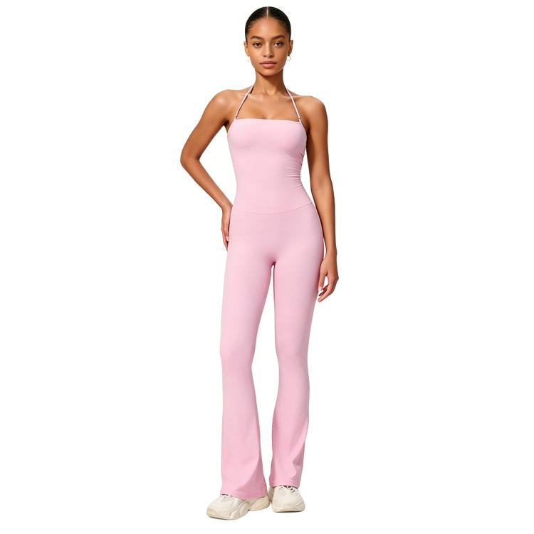 Hip-Lift Halter One-Piece Yoga Jumpsuit, Women Casual Flared Fitness Yoga Outfit, Size: XL(Pink)