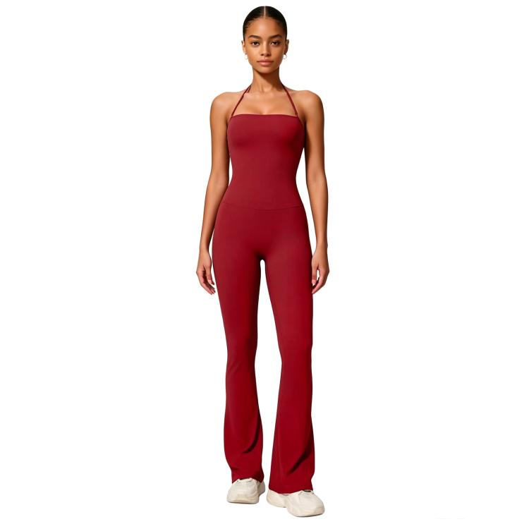 Hip-Lift Halter One-Piece Yoga Jumpsuit, Women Casual Flared Fitness Yoga Outfit, Size: XL(Red)