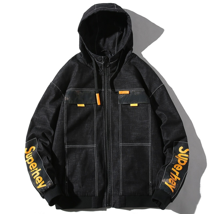 Hooded Casual Letter Print Tooling Denim Jacket for Men (Color:Black Size:M)
