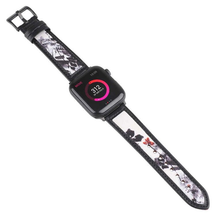 Ink Painting Leather Watch Band For Apple Watch Series 9&8&7 41mm / SE 3&SE 2&6&SE&5&4 40mm / 3&2&1 38mm(Black)